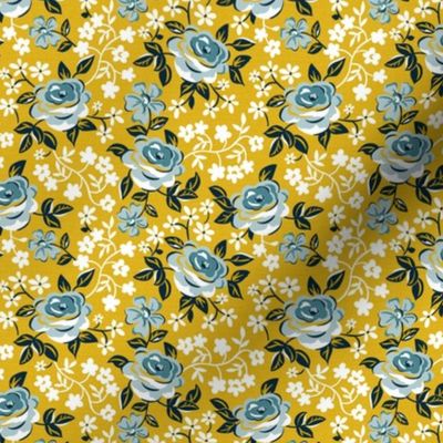 English Garden - Vintage Floral Yellow Blue Small Scale