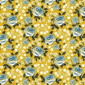 English Garden - Vintage Floral Yellow Blue Small Scale