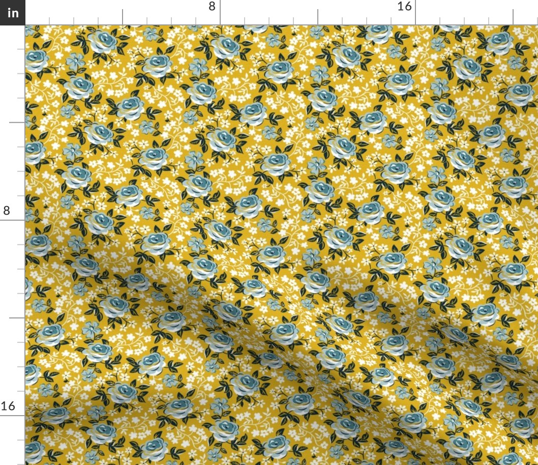 English Garden - Vintage Floral Yellow Blue Small Scale