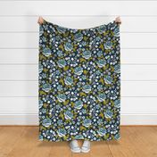 English Garden - Vintage Floral Navy Blue Yellow Large Scale