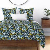 English Garden - Vintage Floral Navy Blue Yellow Large Scale