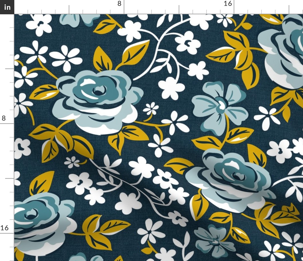 English Garden - Vintage Floral Navy Blue Yellow Large Scale