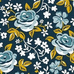 English Garden - Vintage Floral Navy Blue Yellow Regular Scale