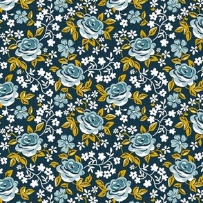 English Garden - Vintage Floral Navy Blue Yellow Small Scale