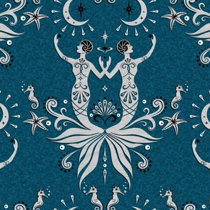 Art Deco Mermaids and Moonlight Silver on Dark Peacock Blue LG Scale