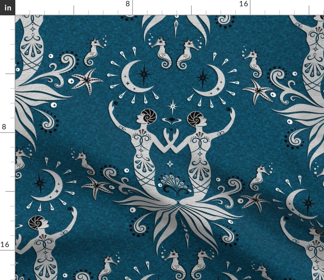 Art Deco Mermaids and Moonlight Silver on Dark Peacock Blue LG Scale