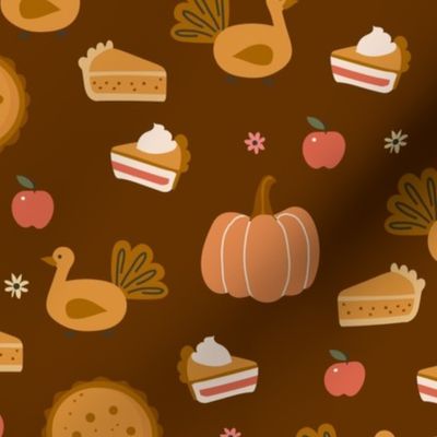 Small Thanksgiving Dinner Turkey Pumpkin Pie Apple Cute Seasonal Fall on dark brown