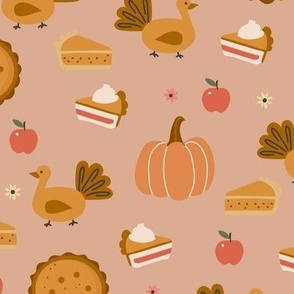 Small Thanksgiving Dinner Turkey Pumpkin Pie Apple Cute Seasonal Fall on neutral brown