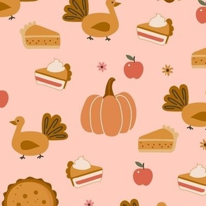 Small Thanksgiving Dinner Turkey Pumpkin Pie Apple Cute Seasonal Fall on pink