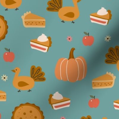 Small Thanksgiving Dinner Turkey Pumpkin Pie Apple Cute Seasonal Fall on teal