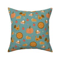 Small Thanksgiving Dinner Turkey Pumpkin Pie Apple Cute Seasonal Fall on teal