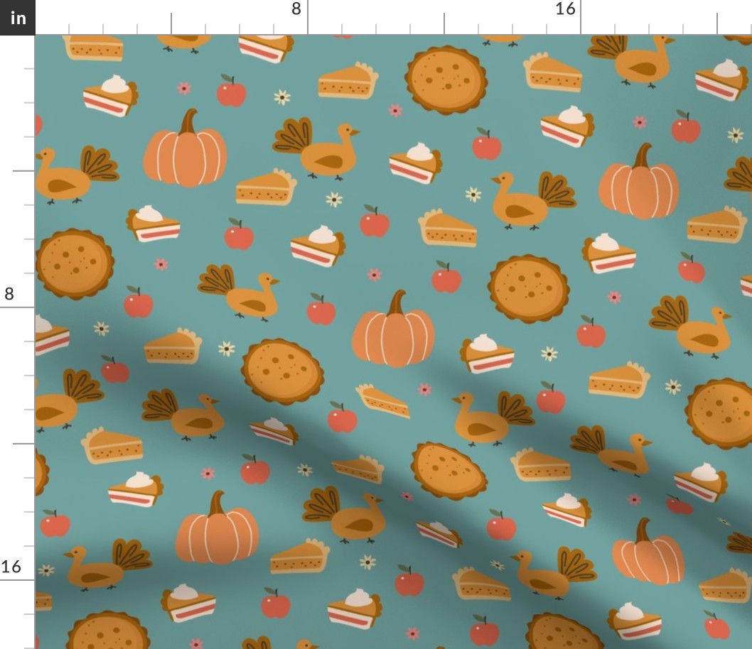 Small Thanksgiving Dinner Turkey Pumpkin Pie Apple Cute Seasonal Fall on teal