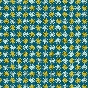 Blue and yellow Mid-century starburst on turquoise background