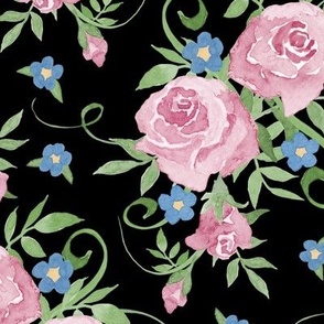 Bright Victorian Roses and Forget-Me-Nots on Black