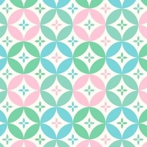 Linked circles and flowers natural white green blue pink by Jac Slade