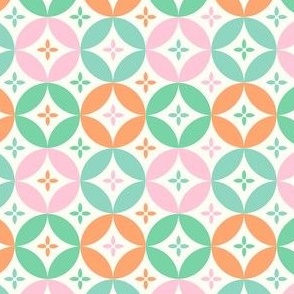 Linked circles and flowers natural white green orange pink by Jac Slade