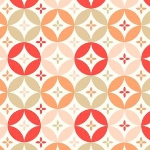 Linked circles and flowers natural white red orange brown by Jac Slade