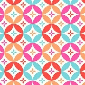 Linked circles and flowers natural white red orange pink blue by Jac Slade