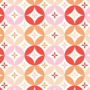 Linked circles and flowers natural white red pink orange brown by Jac Slade