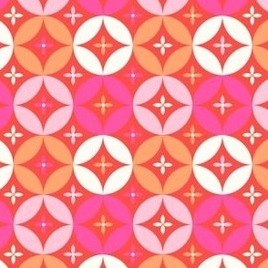 Bright linked circles and flowers Red Pink orange by Jac Slade