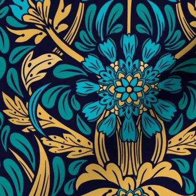 victorian floral in peacock and gold- medium scale