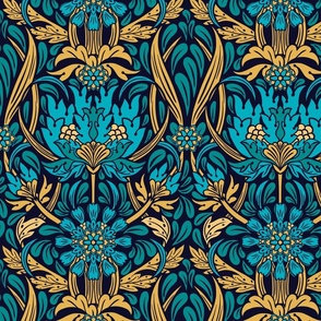 victorian floral in peacock and gold- medium scale