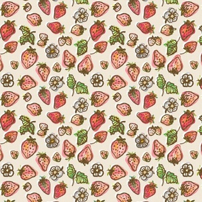 Big allover Strawberry  watercolor  on Cream Background with structure 