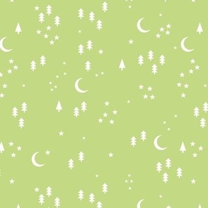Little winter forest - Scandinavian pine trees new moon and stars celestial holidays design white on nineties green