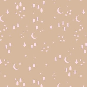 Little winter forest - Scandinavian pine trees new moon and stars celestial holidays design pink on beige tan girls pastel palette