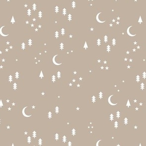 Little winter forest - Scandinavian pine trees new moon and stars celestial holidays design white on beige tan neutral scandinavian palette