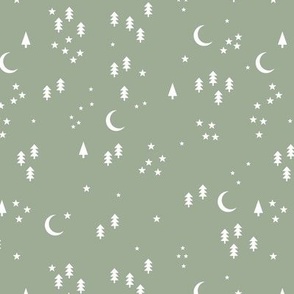 Little winter forest - Scandinavian pine trees new moon and stars celestial holidays design white on sage green