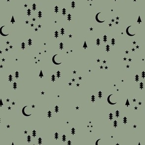 Little winter forest - Scandinavian pine trees new moon and stars celestial holidays design black on sage green