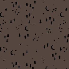 Little winter forest - Scandinavian pine trees new moon and stars celestial holidays design black on chocolate brown