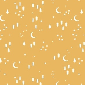 Little winter forest - Scandinavian pine trees new moon and stars celestial holidays design black on autumn ochre yellow