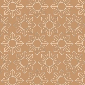 Modernist geometric sunshine blossom summer design retro style pattern caramel brown