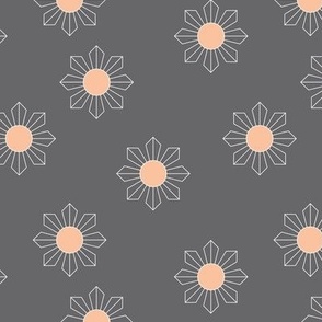 Modernist daisy minimalist geometric sunshine blossom summer design retro style pattern cream on charcoal gray