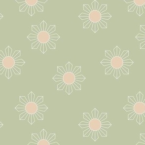 Modernist daisy minimalist geometric sunshine blossom summer design retro style pattern beige on sage green