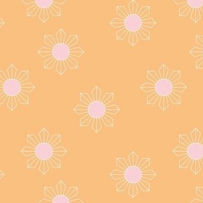 Modernist daisy minimalist geometric sunshine blossom summer design retro style pattern pink on golden yellow