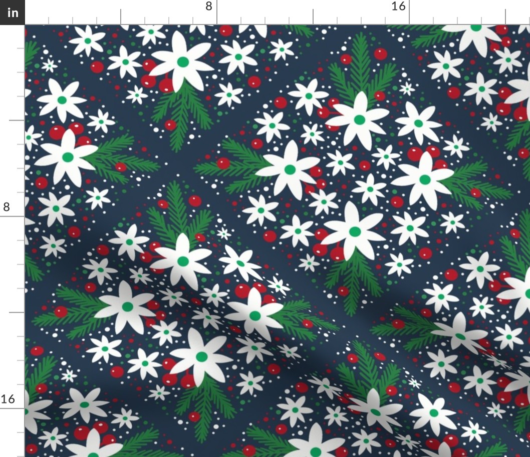 Large Scale Winter Floral and Greenery on Navy