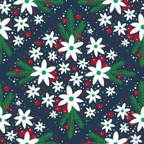 Medium Scale Winter Floral and Greenery on Navy