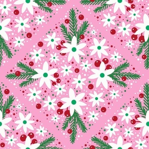 Large Scale Winter Floral and Greenery on Pink