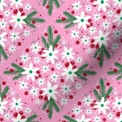 Medium Scale Winter Floral and Greenery on Pink