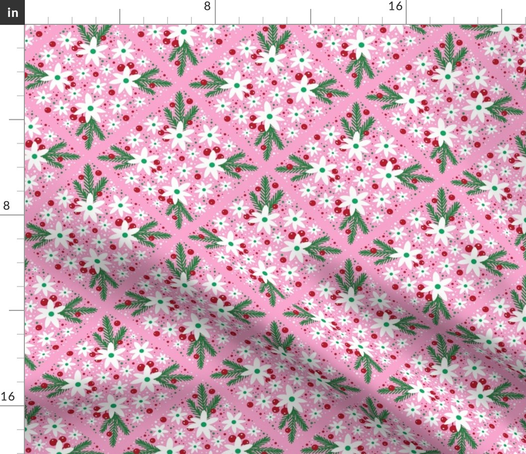 Medium Scale Winter Floral and Greenery on Pink