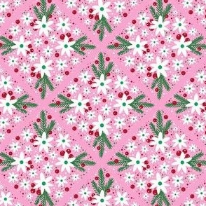 Small Scale Winter Floral and Greenery on Pink