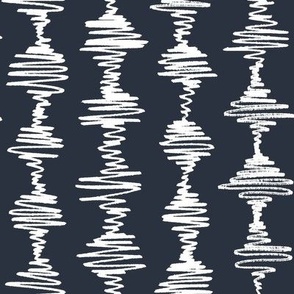 Navy blue and white mod scribbles in linear style, with textured zigzag lines for interest - for flowy palazzo pants, skirts, dresses and tops, as well as stylish bed linen, dining linen and accessories.