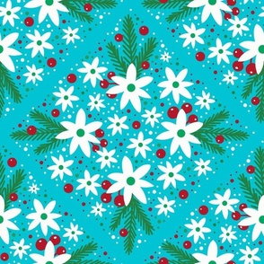 Large Scale Winter Floral and Greenery on Bright Mystic Blue