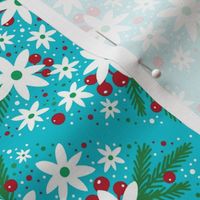Medium Scale Winter Floral and Greenery on Bright Mystic Blue