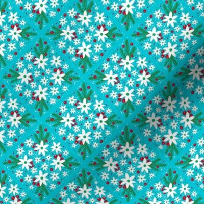 Small Scale Winter Floral and Greenery on Bright Mystic Blue