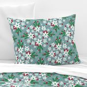 Large Scale Winter Floral and Greenery on Soft Sage