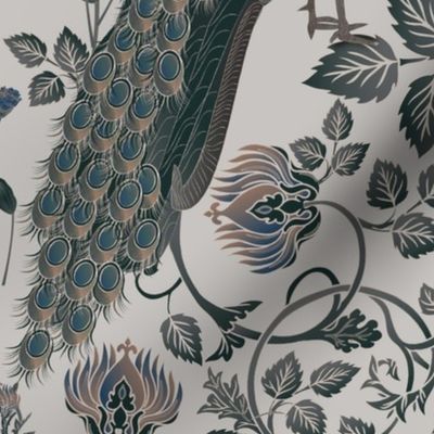  peacocks and flowers on grey with gold outlines, blue tone